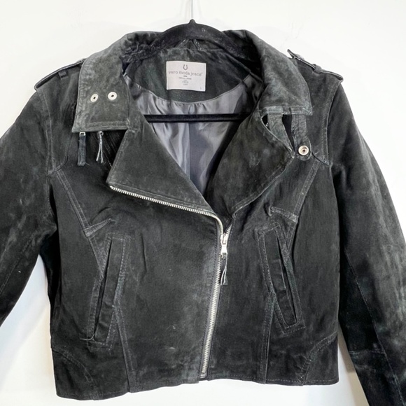 Vero Moda Jeans black suede leather cropped asymmetrical zipper moto jacket L - Picture 6 of 14